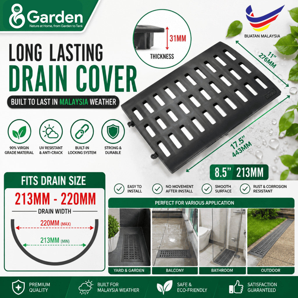 Black drain cover with 443 × 276 mm overall dimensions, 31 mm thickness and 213–220 mm fitting-width guide