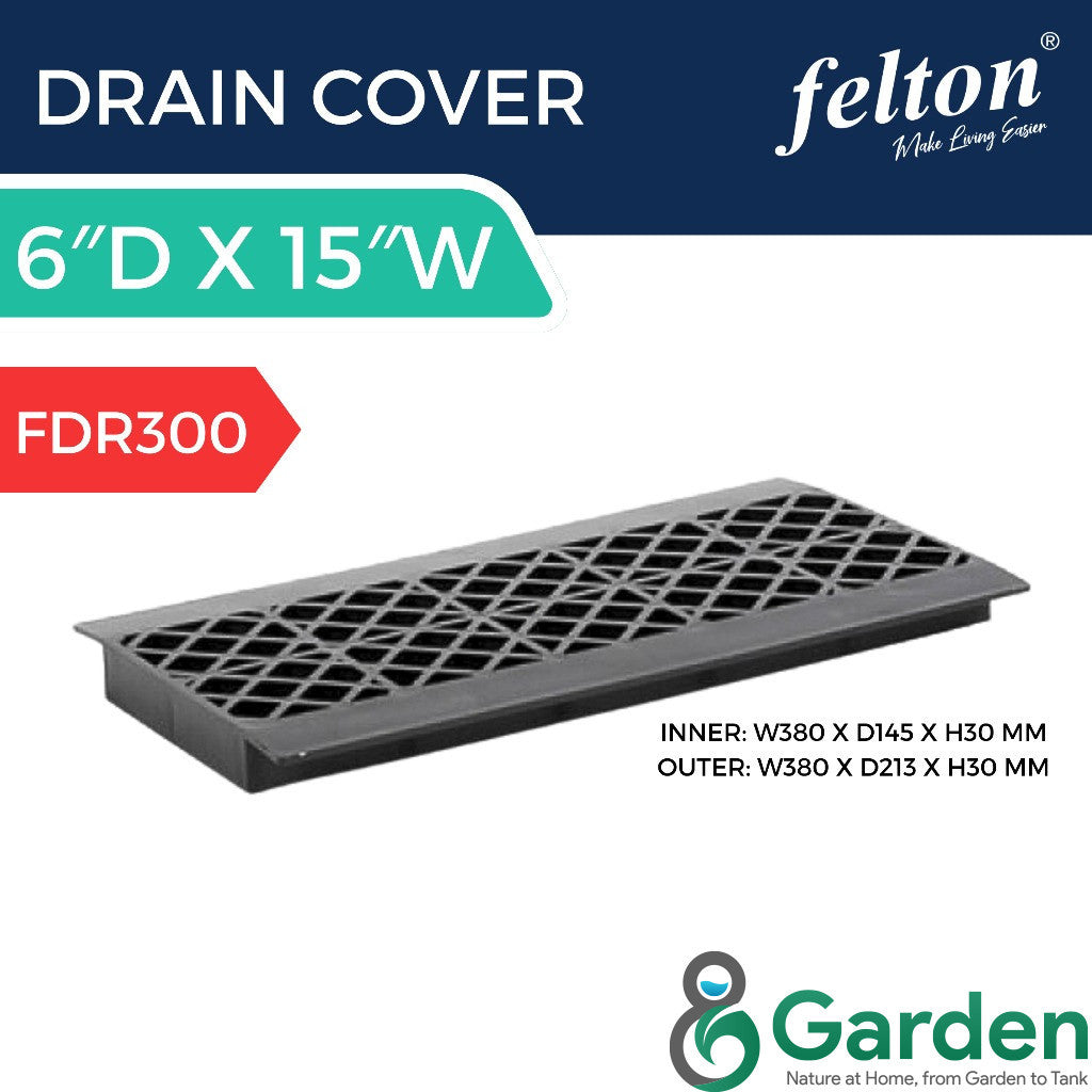 Felton FDR300 grey lattice drain cover, 380 × 213 × 30 mm overall, with 145 mm inner fitting width