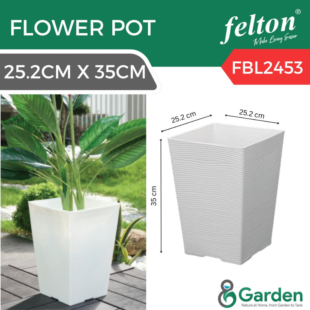 White Felton FBL2453 square flower pot with 25.2 × 25.2 × 35 cm dimension arrows and a planted display example; plant not included