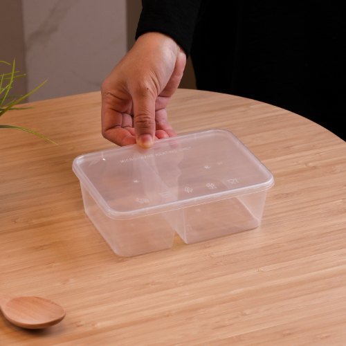 Felton FR7502C clear 2-compartment food container, 750mL, 173 × 122 × 55 mm