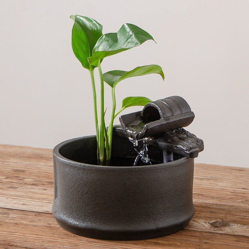 Zen Round Ceramic Tabletop Fountain – black fountain with plant