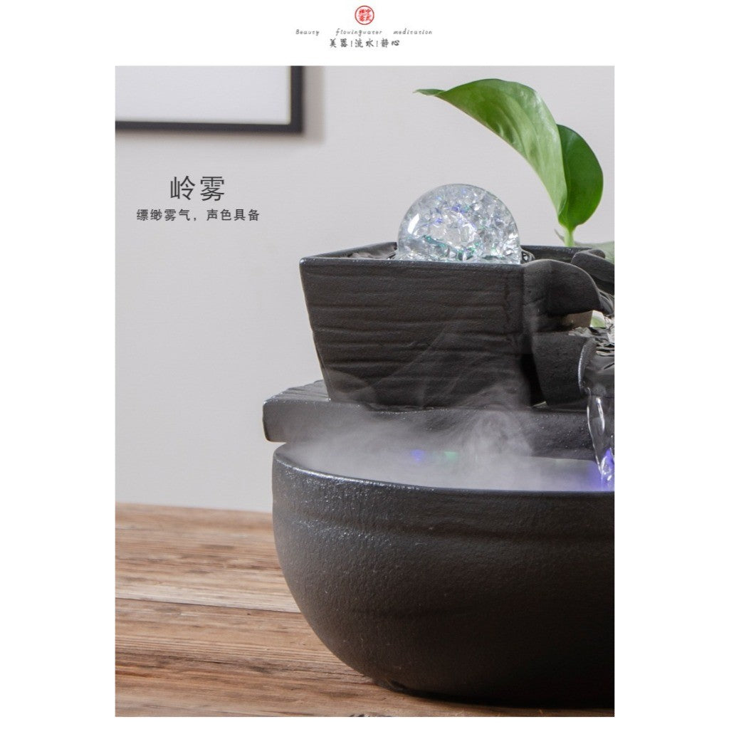 Round Ceramic Water Fountain with Crystal-Ball Design – mist display