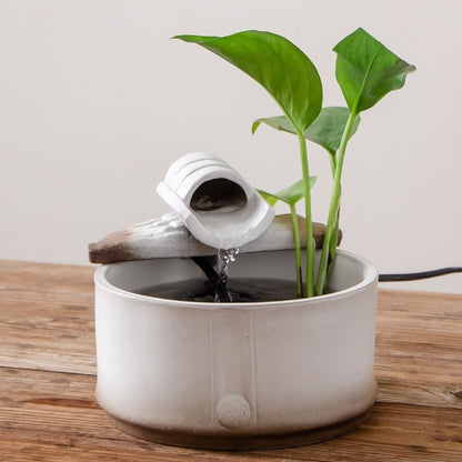 Zen Round Ceramic Tabletop Fountain – white fountain with plant