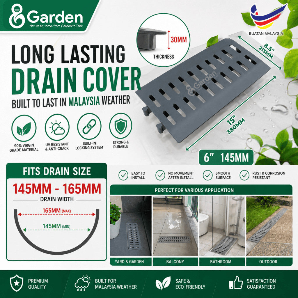 Grey slotted drain cover, 380 × 213 × 30 mm, with 145–165 mm fitting-width diagram and installation examples