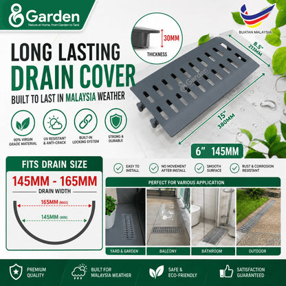 Grey slotted drain cover, 380 × 213 × 30 mm, with 145–165 mm fitting-width diagram and installation examples