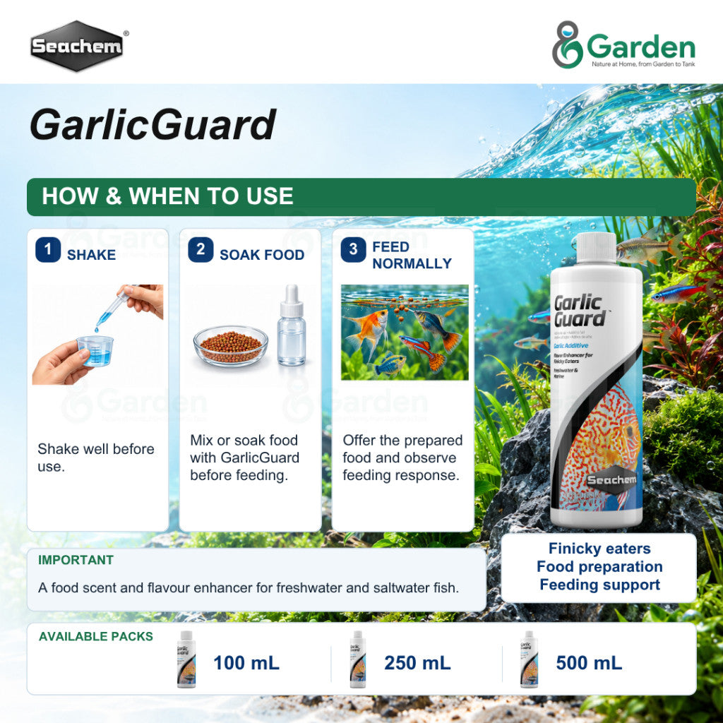 Seachem GarlicGuard Garlic Fish Food Soak – 100 mL / 250 mL / 500 mL – product information