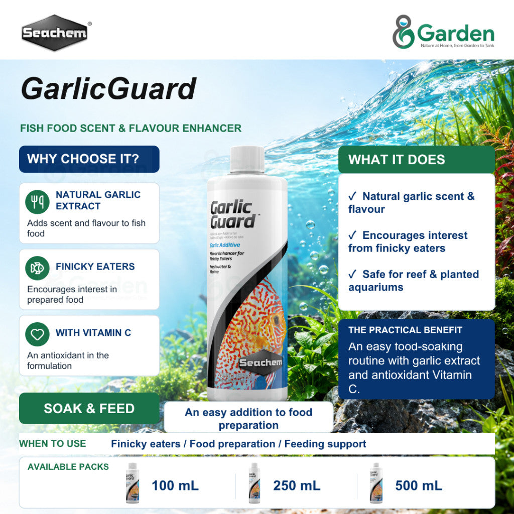 Seachem GarlicGuard Garlic Fish Food Soak – 100 mL / 250 mL / 500 mL – product information