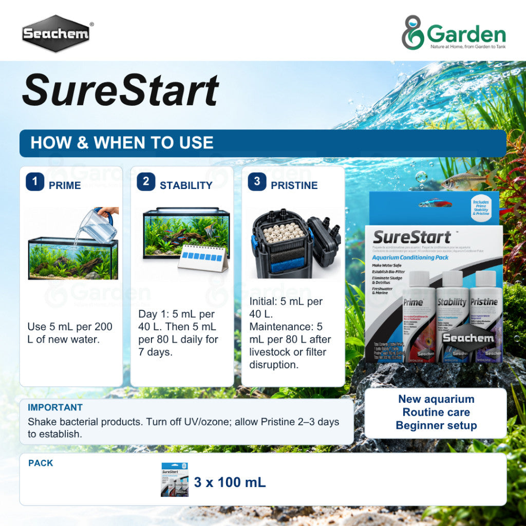 Seachem SureStart Aquarium Starter Pack 3 × 100 mL – product information