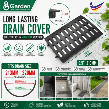 Black drain cover with 443 × 276 mm overall dimensions, 31 mm thickness and 213–220 mm fitting-width guide