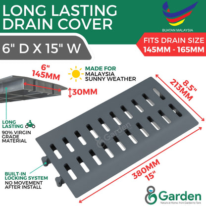 Slotted 6-inch drain cover dimension guide: 380 mm length, 213 mm outer width, 145 mm inner width and 30 mm thickness