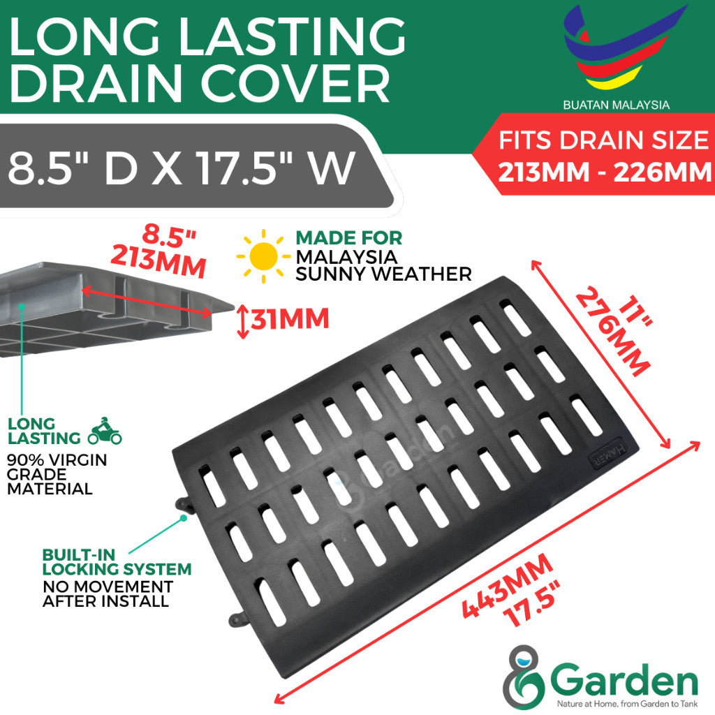 Black slotted drain cover dimension diagram showing 443 mm length, 276 mm overall width and 213 mm inner width