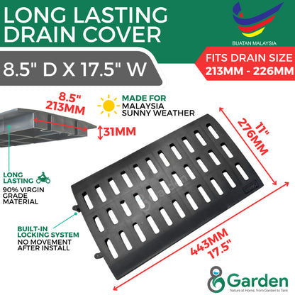 Black slotted drain cover dimension diagram showing 443 mm length, 276 mm overall width and 213 mm inner width