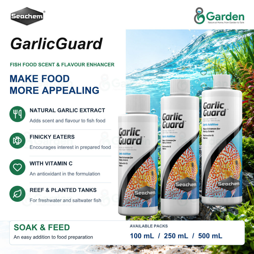 Seachem GarlicGuard Garlic Fish Food Soak – 100 mL / 250 mL / 500 mL – product information