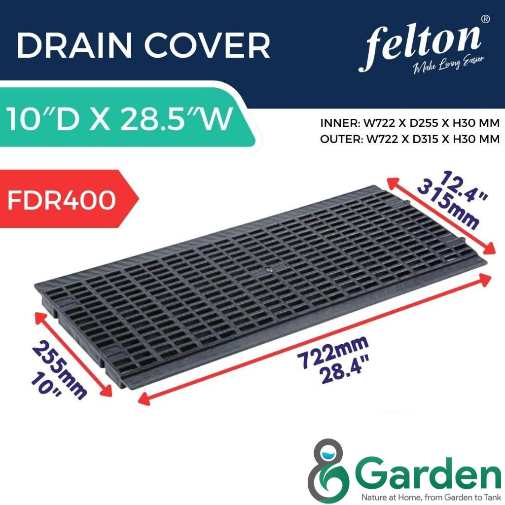 Felton FDR400 grey slotted drain cover with 722 mm length, 315 mm outer width, 255 mm inner width and 30 mm thickness