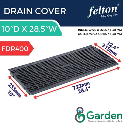 Felton FDR400 grey slotted drain cover with 722 mm length, 315 mm outer width, 255 mm inner width and 30 mm thickness