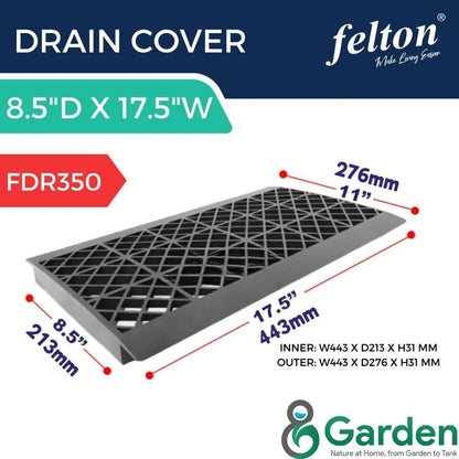 Felton FDR350 drain cover measurement guide: 443 mm length, 276 mm outer width, 213 mm inner width and 31 mm height