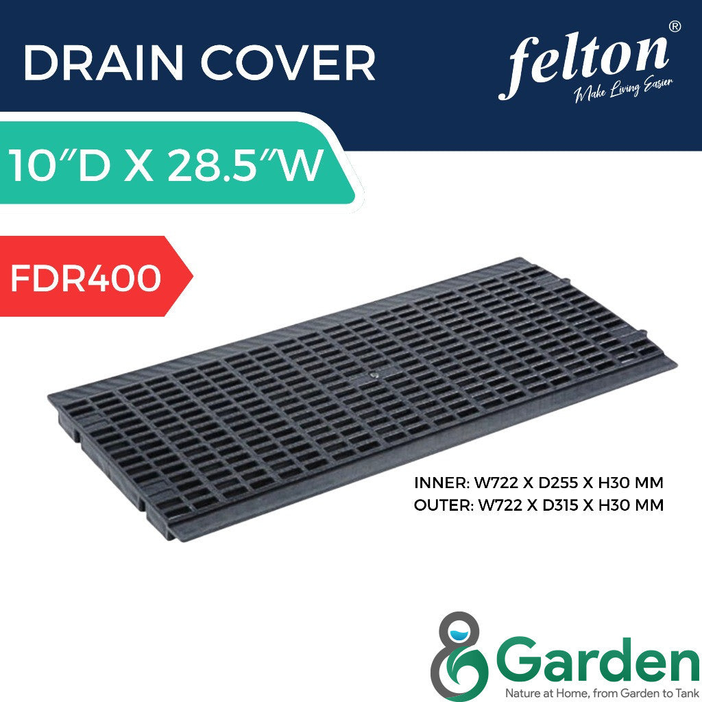 Felton FDR400 grey rectangular drain cover, 722 × 315 × 30 mm overall with a 255 mm inner fitting width