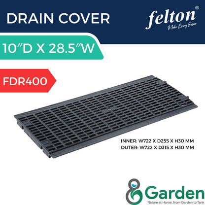 Felton FDR400 grey rectangular drain cover, 722 × 315 × 30 mm overall with a 255 mm inner fitting width