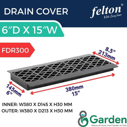 Felton FDR300 grey drain cover with dimensions: 380 × 213 × 30 mm overall and 145 mm inner fitting width