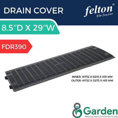 Felton FDR390 grey rectangular drain cover, 732 × 273 × 31 mm overall with a 215 mm inner fitting width