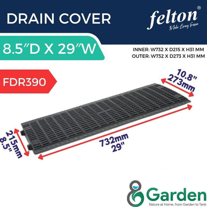 Felton FDR390 drain cover measuring 732 mm long, 273 mm wide and 31 mm thick, with 215 mm inner fitting width