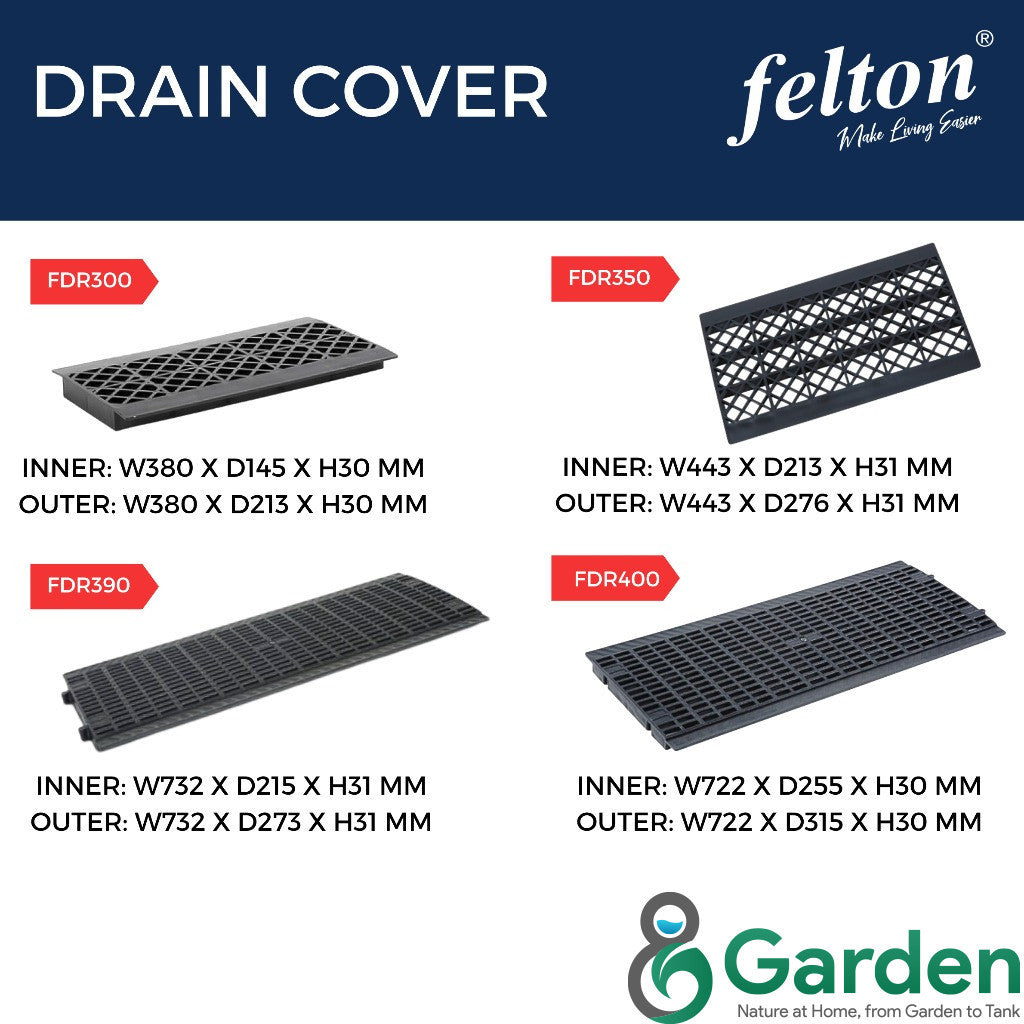 Felton FDR300, FDR350, FDR390 and FDR400 drain cover comparison chart with inner and overall dimensions in millimetres
