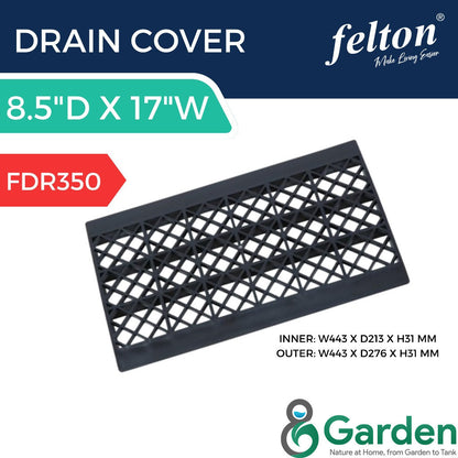 Felton FDR350 dark grey plastic drain cover with diamond lattice, 443 mm long and 213 mm inner fitting width