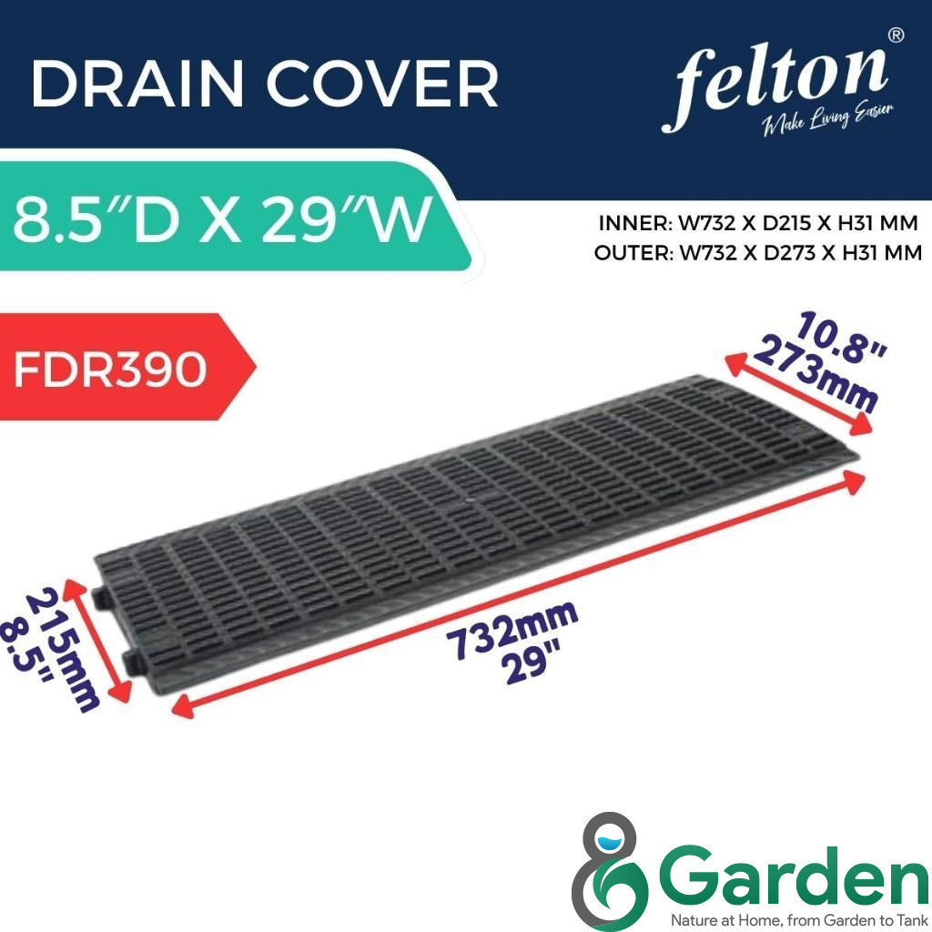 Felton FDR390 grey drain cover dimension diagram: 732 × 273 × 31 mm overall, with 215 mm inner fitting width