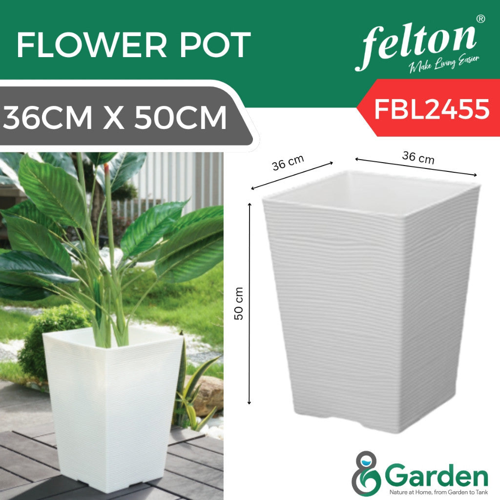 White Felton FBL2455 square flower pot with 36 × 36 × 50 cm dimension arrows and a planted display example; plant not included