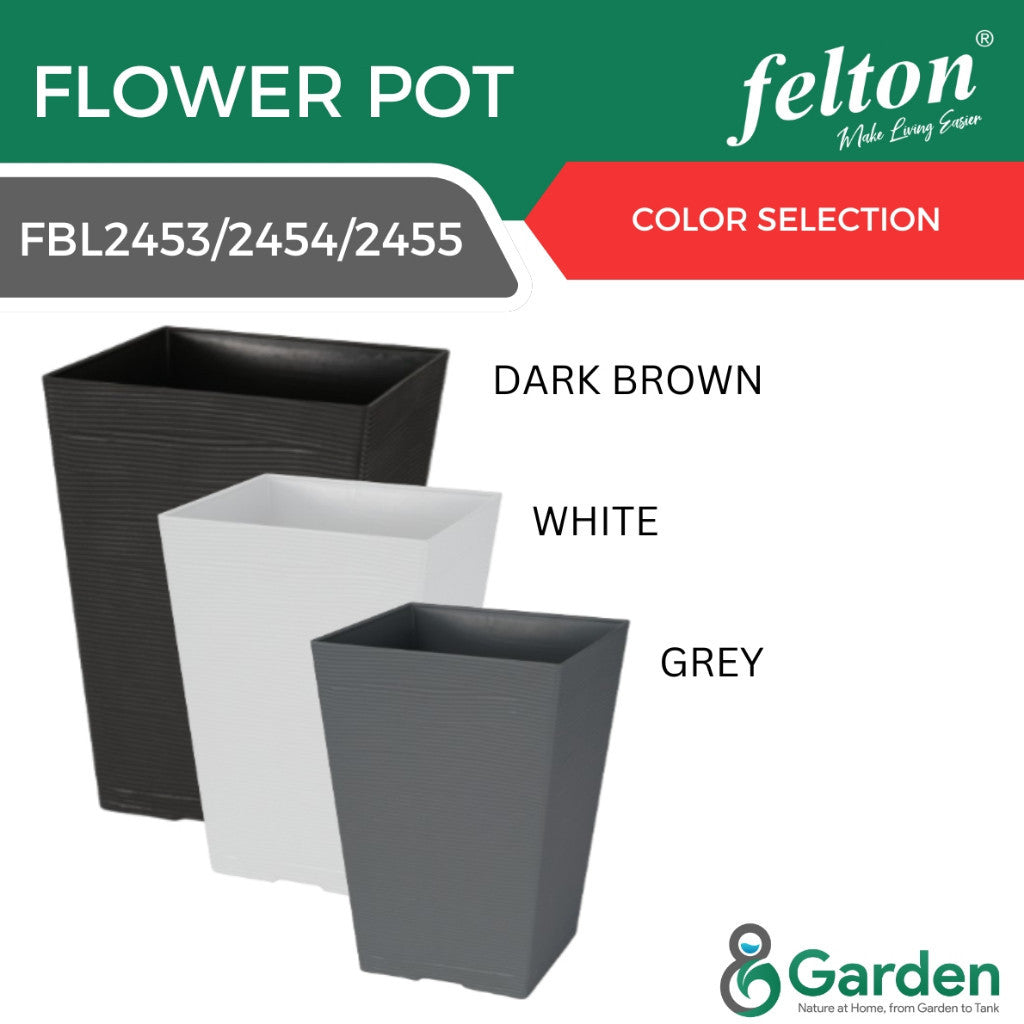Felton FBL2453, FBL2454 and FBL2455 square flower-pot colour guide showing dark brown, white and grey