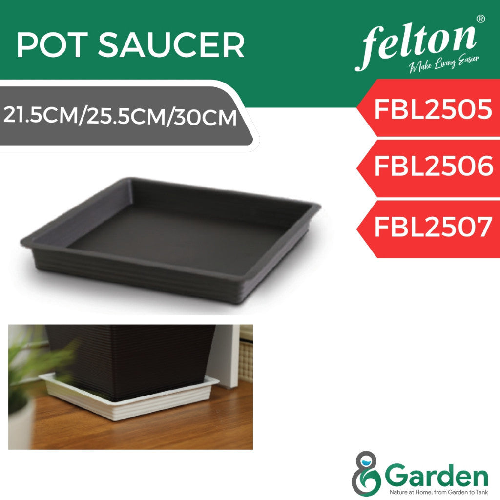 Felton FBL2505, FBL2506 and FBL2507 square pot saucers, 21.5 cm, 25.5 cm and 30 cm, with a pot-and-saucer example