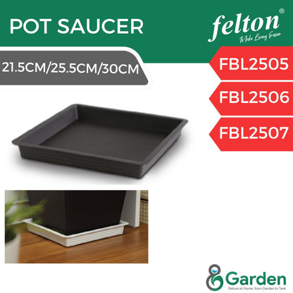 Felton FBL2505, FBL2506 and FBL2507 square pot saucers, 21.5 cm, 25.5 cm and 30 cm, with a pot-and-saucer example