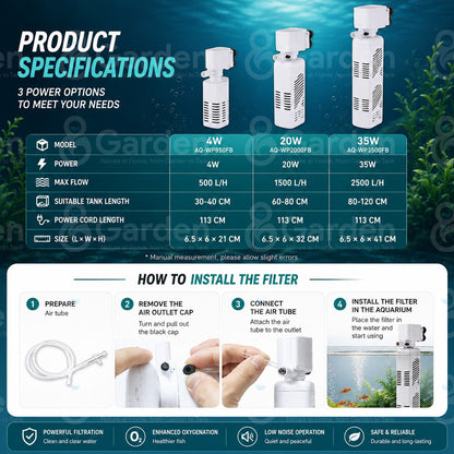 5-in-1 Aquarium Internal Filter – model specifications