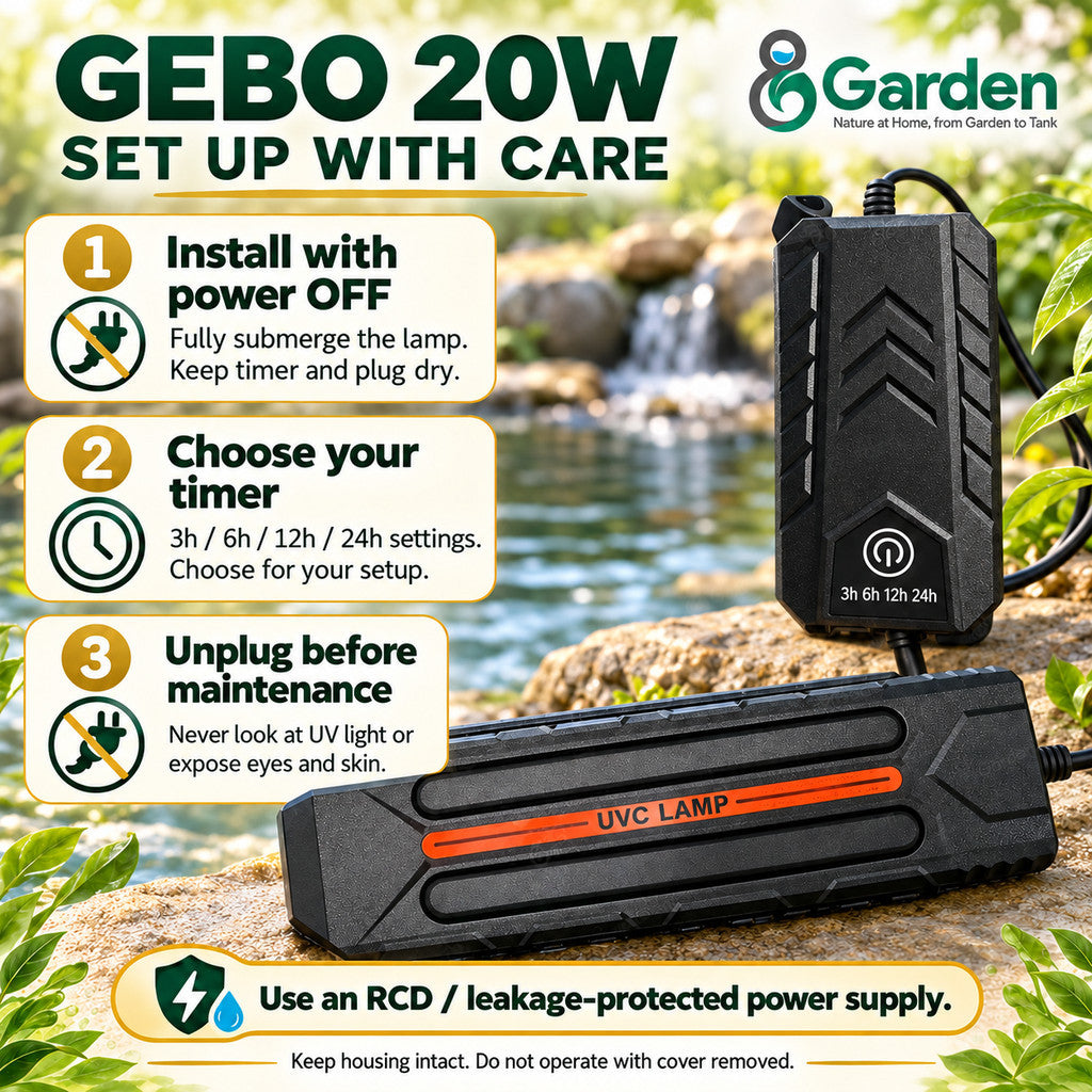 GEBO 20W UVC Aquarium Pond UV Clarifier Covered Lamp 3/6/12/24H Timer 2 Pin Plug