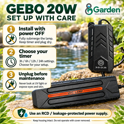 GEBO 20W UVC Aquarium Pond UV Clarifier Covered Lamp 3/6/12/24H Timer 2 Pin Plug