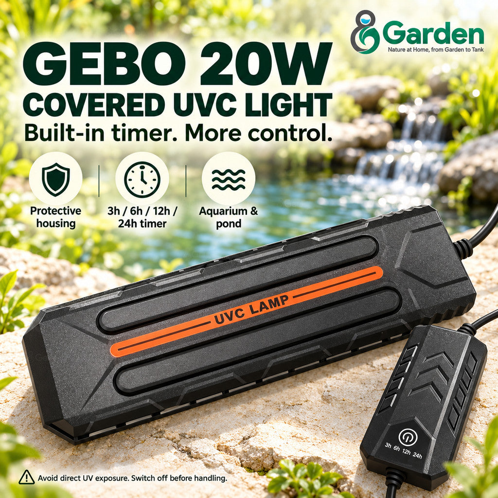 GEBO 20W UVC Aquarium Pond UV Clarifier Covered Lamp 3/6/12/24H Timer 2 Pin Plug