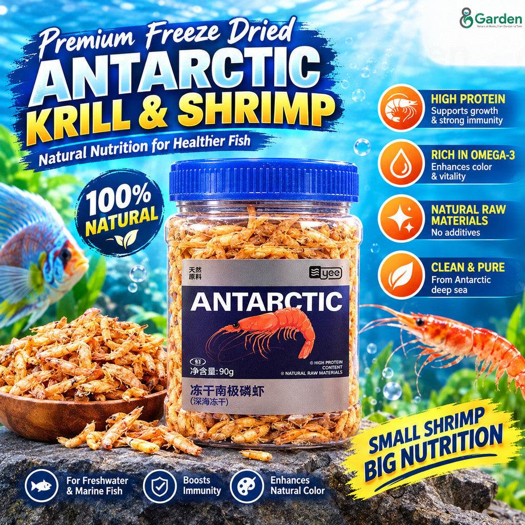 Freeze-Dried Antarctic Krill Fish Food – product and packaging